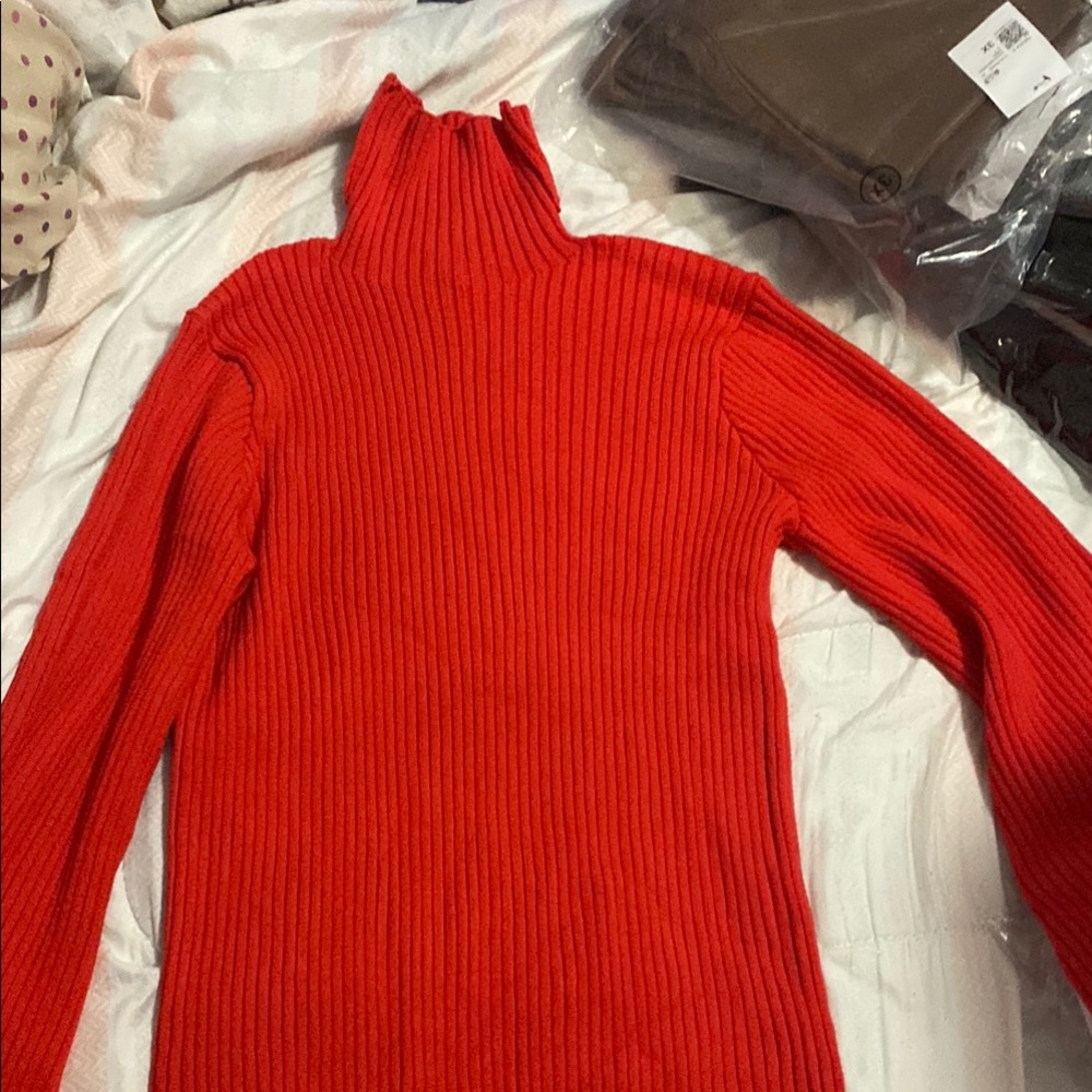 Red Ribbed Turtleneck Sweater Dress